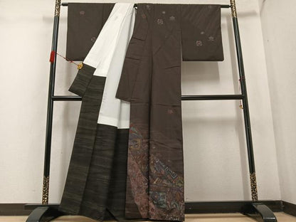 平和屋着物●訪問着　紬地　ろうけつ染　草花文　正絹　逸品　AABC9690ph