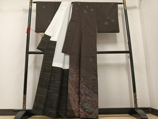 平和屋着物●訪問着　紬地　ろうけつ染　草花文　正絹　逸品　AABC9690ph
