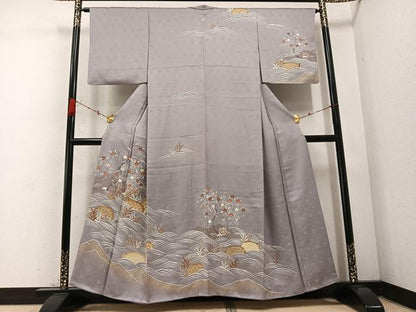 平和屋着物●訪問着　駒刺繍　立波草花籬文　金彩　正絹　逸品　AABC9703ph