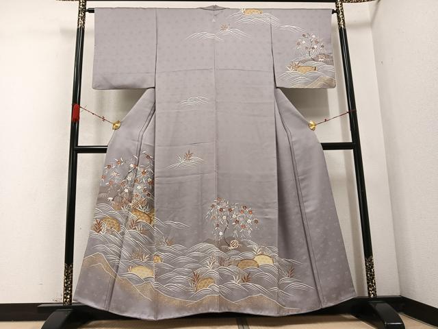 平和屋着物●訪問着　駒刺繍　立波草花籬文　金彩　正絹　逸品　AABC9703ph