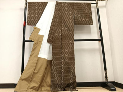 平和屋着物●上質な紬 亀甲文 ロング丈 正絹 逸品 AABC9708ph