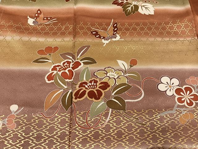 平和屋着物●訪問着　駒刺繍　舞蝶文　草花　暈し染め　金彩　正絹　逸品　AABC9777ph