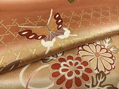 平和屋着物●訪問着　駒刺繍　舞蝶文　草花　暈し染め　金彩　正絹　逸品　AABC9777ph