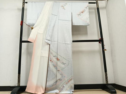 平和屋着物●訪問着 絞り 刺繍 飛鶴草花文 金彩 正絹 逸品 AABC9784ph