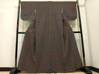 平和屋着物●上質な紬 格子 正絹 逸品 未使用 AABC9791ph