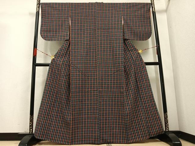 平和屋着物●上質な紬 格子 正絹 逸品 未使用 AABC9791ph
