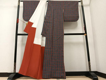 平和屋着物●上質な紬 格子 正絹 逸品 未使用 AABC9791ph