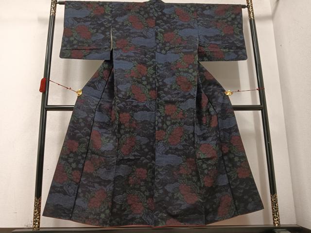 平和屋着物●結城紬 草花文 正絹 逸品 AABC9795ph