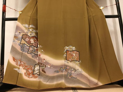 平和屋着物●訪問着 群れ鶴 草花文 暈し染め 金彩 正絹 逸品 AABC9799ph