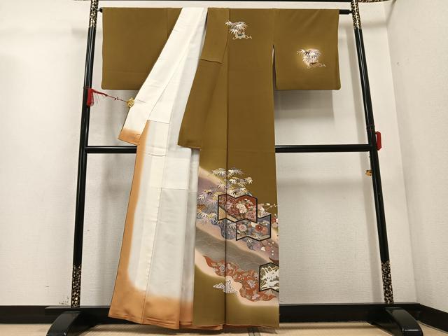 平和屋着物●訪問着 群れ鶴 草花文 暈し染め 金彩 正絹 逸品 AABC9799ph