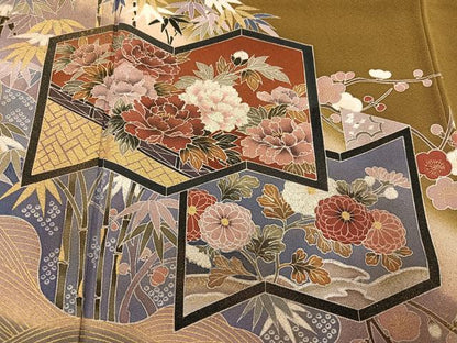 平和屋着物●訪問着 群れ鶴 草花文 暈し染め 金彩 正絹 逸品 AABC9799ph