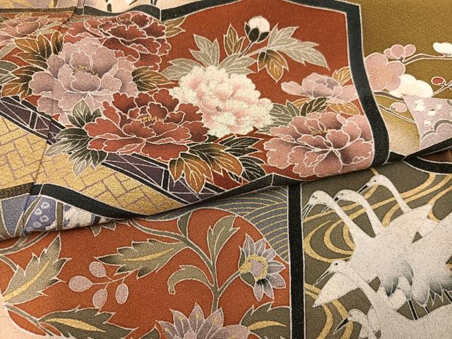 平和屋着物●訪問着 群れ鶴 草花文 暈し染め 金彩 正絹 逸品 AABC9799ph