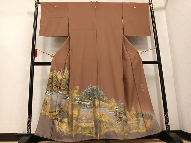 平和屋着物●豪華色留袖 作家物 手描き 風景樹林文 金銀彩 正絹 逸品 未使用 AABC9821ph