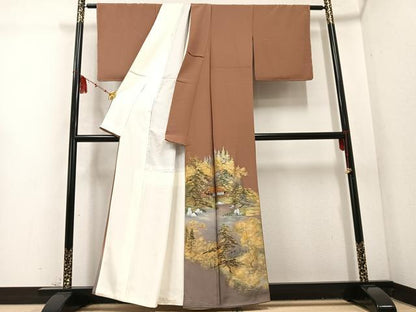 平和屋着物●豪華色留袖 作家物 手描き 風景樹林文 金銀彩 正絹 逸品 未使用 AABC9821ph