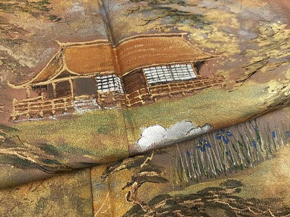 平和屋着物●豪華色留袖 作家物 手描き 風景樹林文 金銀彩 正絹 逸品 未使用 AABC9821ph