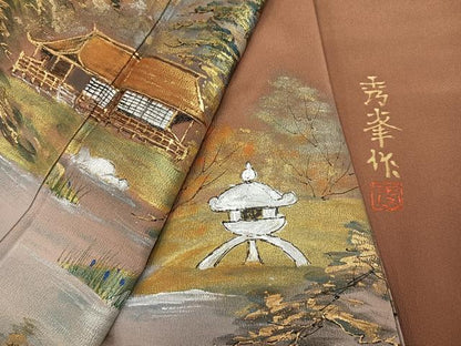 平和屋着物●豪華色留袖 作家物 手描き 風景樹林文 金銀彩 正絹 逸品 未使用 AABC9821ph