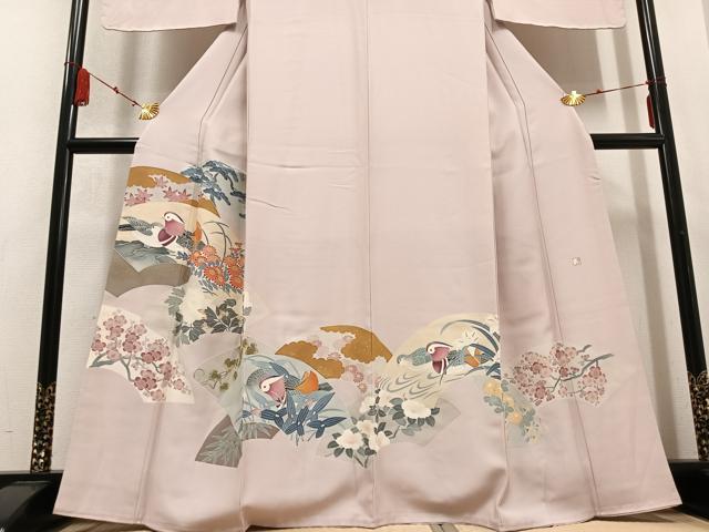 平和屋着物●豪華色留袖　友禅　作家物　地紙鴛鴦草花文　金彩　正絹　逸品　AABC9829ph