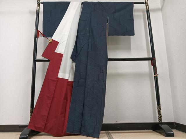 平和屋着物●結城紬 幾何学文様 正絹 逸品 未使用 AABC9835ph