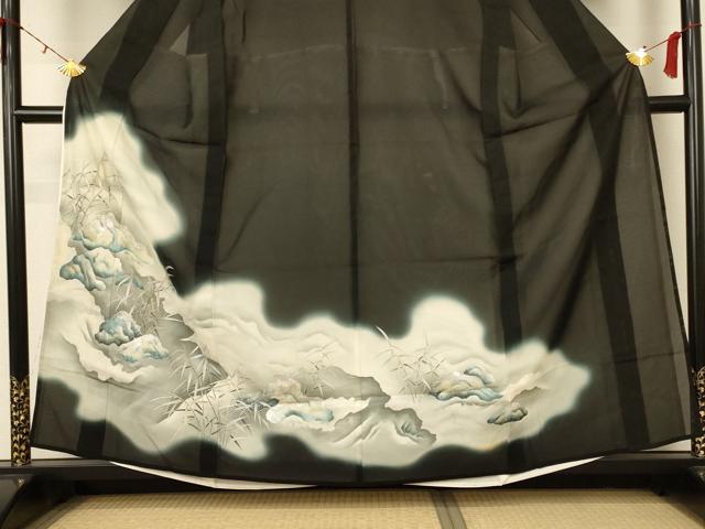 平和屋着物＊夏物 黒留袖 絽 風景文 銀彩 正絹 逸品 AABC9871jd