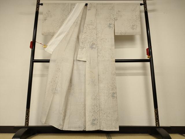 平和屋着物＊夏物 生紬 手描き 草花文 正絹 逸品 AABC9879jd