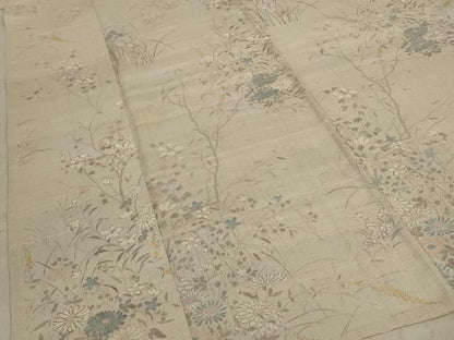 平和屋着物＊夏物 生紬 手描き 草花文 正絹 逸品 AABC9879jd