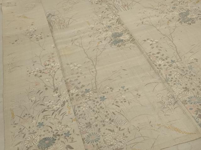 平和屋着物＊夏物 生紬 手描き 草花文 正絹 逸品 AABC9879jd