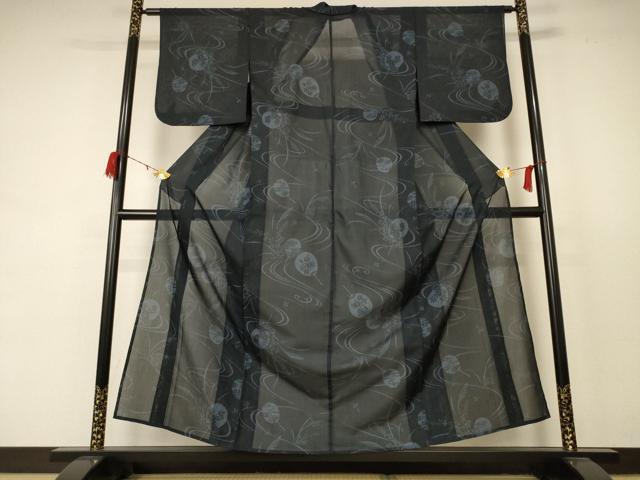平和屋着物＊夏物 小紋 紗 流水扇子草花文 正絹 逸品 AABC9882jd
