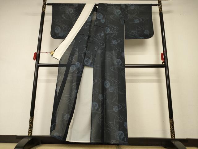 平和屋着物＊夏物 小紋 紗 流水扇子草花文 正絹 逸品 AABC9882jd