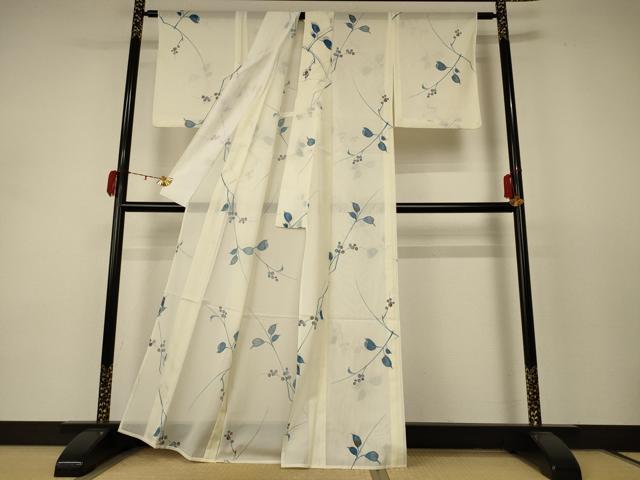 平和屋着物＊夏物 小紋 絽 枝葉文 洗える着物 AABC9899jd