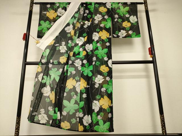 平和屋着物＊夏物 小紋 絽 枝花文 洗える着物 AABC9921jd
