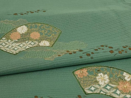 平和屋着物＊夏物 訪問着 絽 刺繍 扇面花唐草文 金彩 洗える着物 AABC9924jd