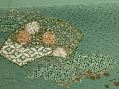 平和屋着物＊夏物 訪問着 絽 刺繍 扇面花唐草文 金彩 洗える着物 AABC9924jd