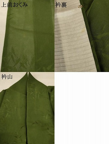 平和屋着物＊夏物 色無地 縦絽 草葉紋紗 草色 正絹 逸品 AABC9942jd