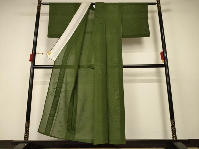平和屋着物＊夏物 色無地 縦絽 草葉紋紗 草色 正絹 逸品 AABC9942jd