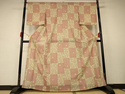 平和屋着物＊夏物 小紋 紗 色紙桜文 洗える着物 AABC9953jd