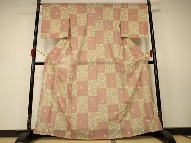 平和屋着物＊夏物 小紋 紗 色紙桜文 洗える着物 AABC9953jd
