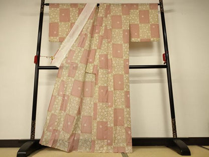 平和屋着物＊夏物 小紋 紗 色紙桜文 洗える着物 AABC9953jd