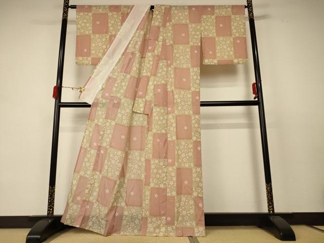 平和屋着物＊夏物 小紋 紗 色紙桜文 洗える着物 AABC9953jd
