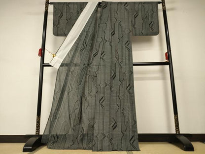 平和屋着物＊夏物 小紋 絽 幾何学文様 ロング丈 洗える着物 AABC9956jd