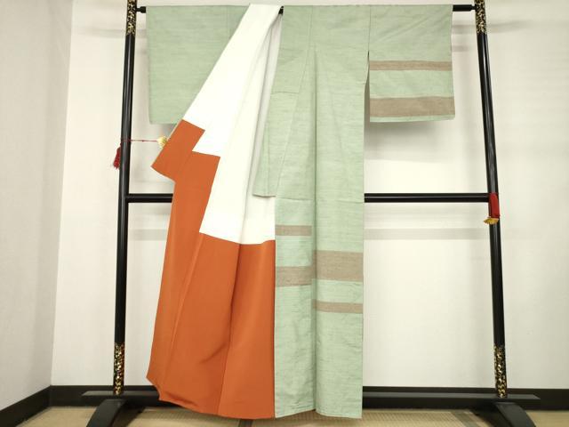 平和屋着物●上質な紬　訪問着　横段文 　正絹　逸品　未使用　AABC9987ck