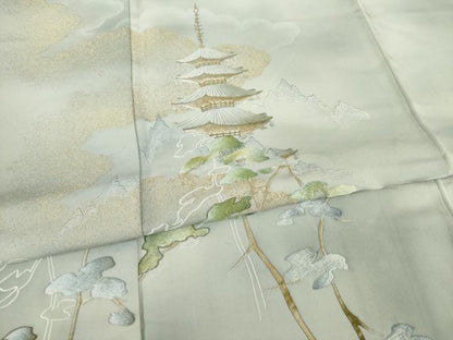 平和屋着物●訪問着 刺繍 五重塔 暈し染め 金糸 正絹 逸品 AABC9989ck