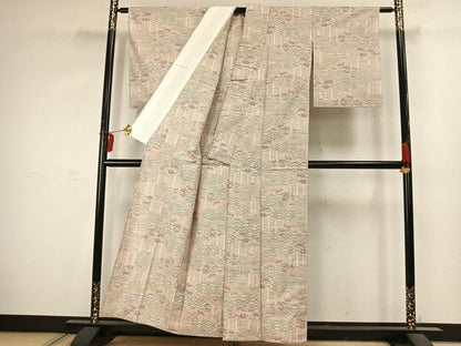 平和屋着物▽上質な紬　単衣　切嵌花文　正絹　逸品　AABD0002fy