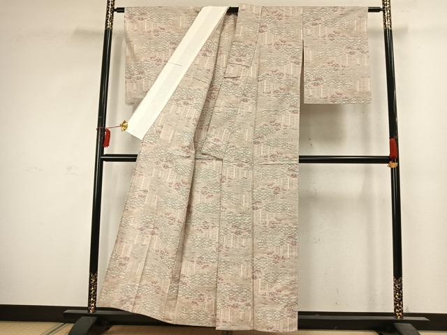 平和屋着物▽上質な紬　単衣　切嵌花文　正絹　逸品　AABD0002fy