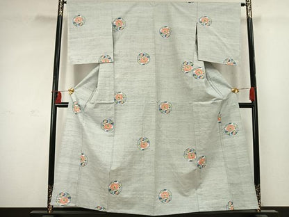 平和屋着物▽上質な紬 単衣 枝花丸文 正絹 逸品 AABD0014fy