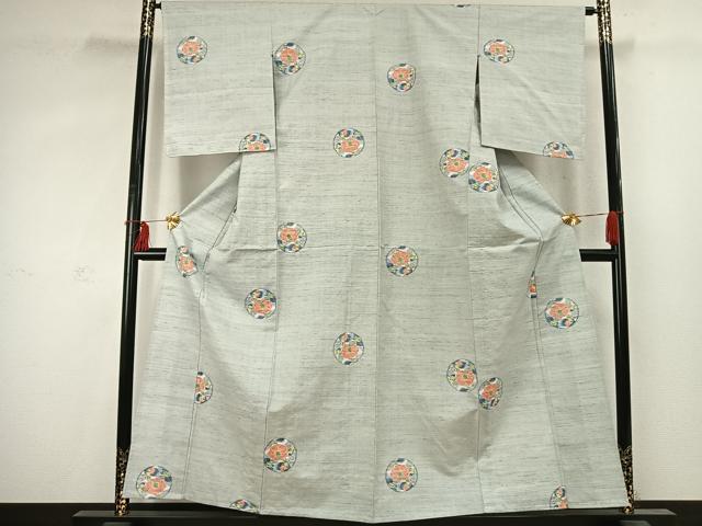 平和屋着物▽上質な紬 単衣 枝花丸文 正絹 逸品 AABD0014fy