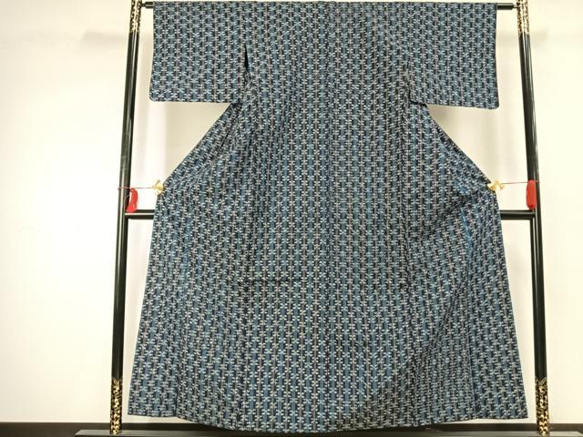 平和屋着物▽上質な紬　単衣　縞　幾何学文様　正絹　逸品　AABD0016fy