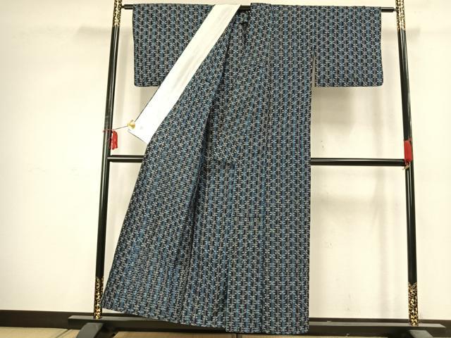 平和屋着物▽上質な紬　単衣　縞　幾何学文様　正絹　逸品　AABD0016fy