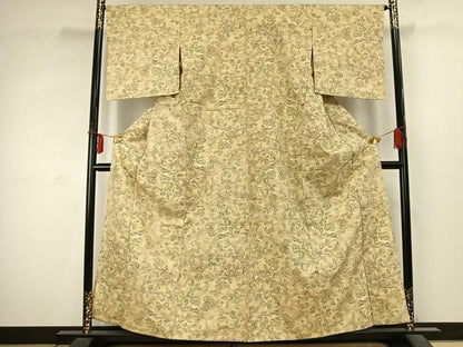 平和屋着物▽上質な紬 単衣 枝葉文 鳥 正絹 逸品 AABD0017fy
