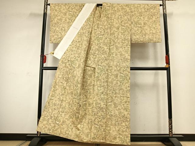 平和屋着物▽上質な紬 単衣 枝葉文 鳥 正絹 逸品 AABD0017fy