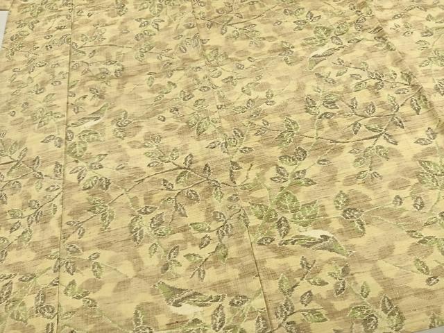 平和屋着物▽上質な紬 単衣 枝葉文 鳥 正絹 逸品 AABD0017fy
